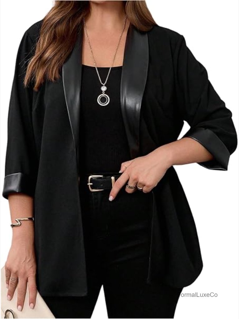 Plus Size Fall Blazer 3/4 Sleeve Leather Open Front Business Casual Jacket